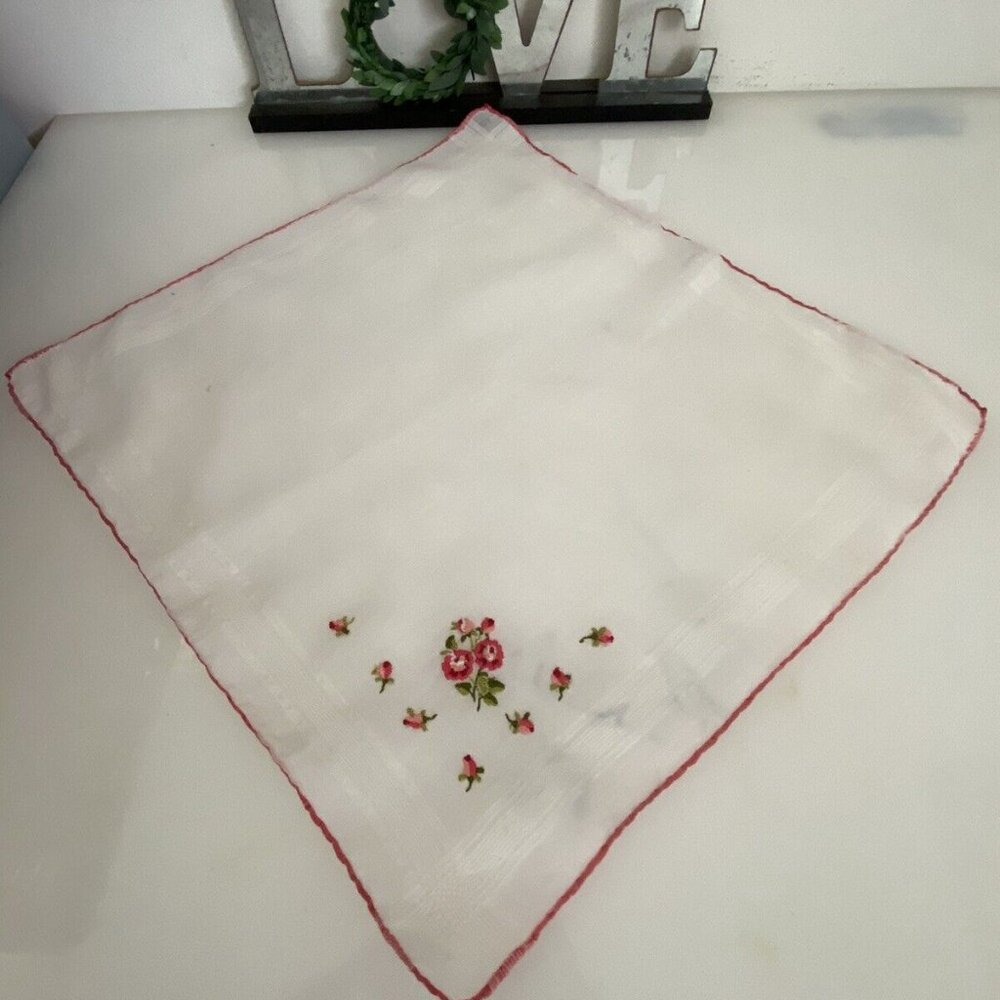 Vintage Mid Century Cotton Embroidered Red Roses Scarf Handkerchief‎ 11" Square - Picture 15 of 16